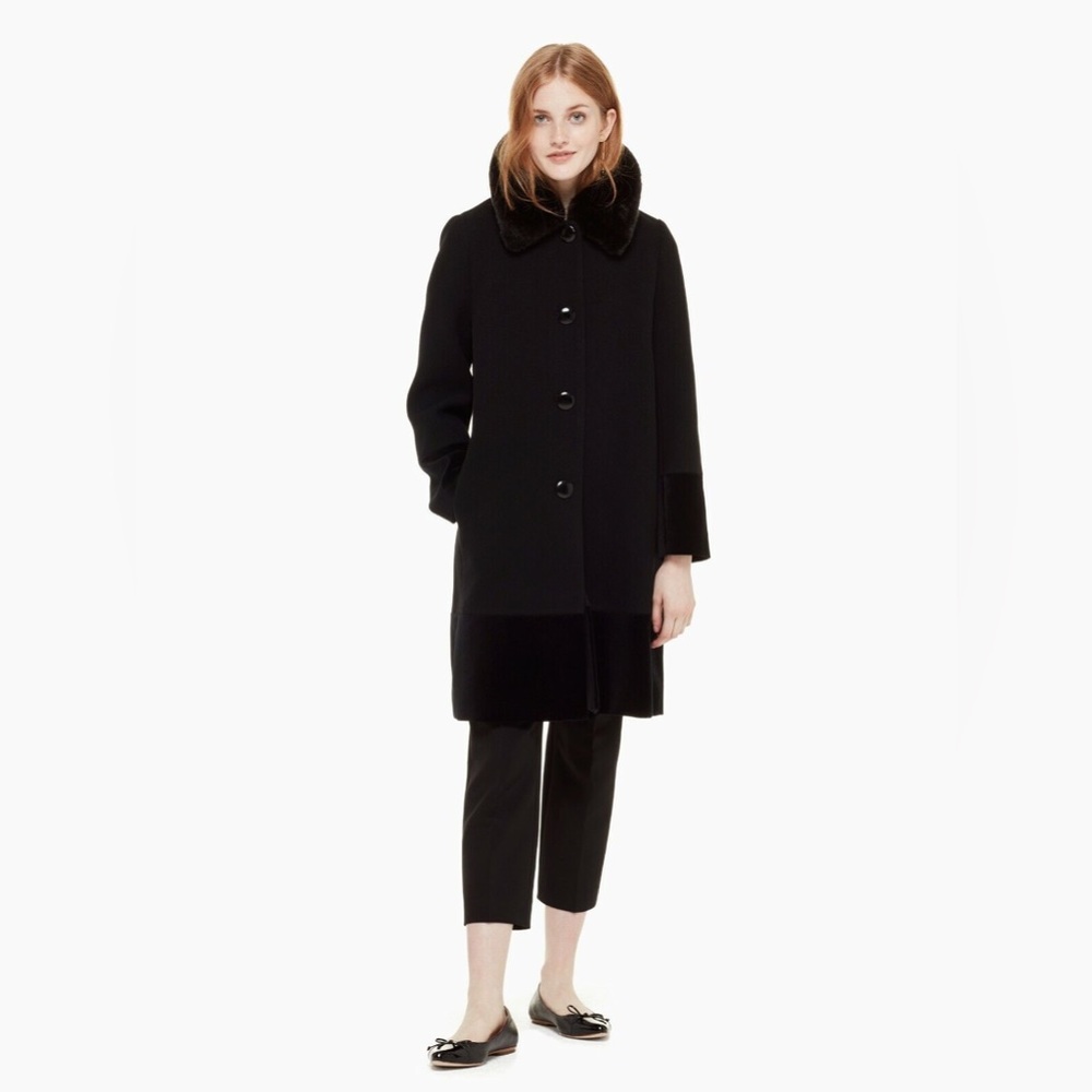 New Kate Spade Faux Fur Collar Velvet Trim Wool Blend Coat